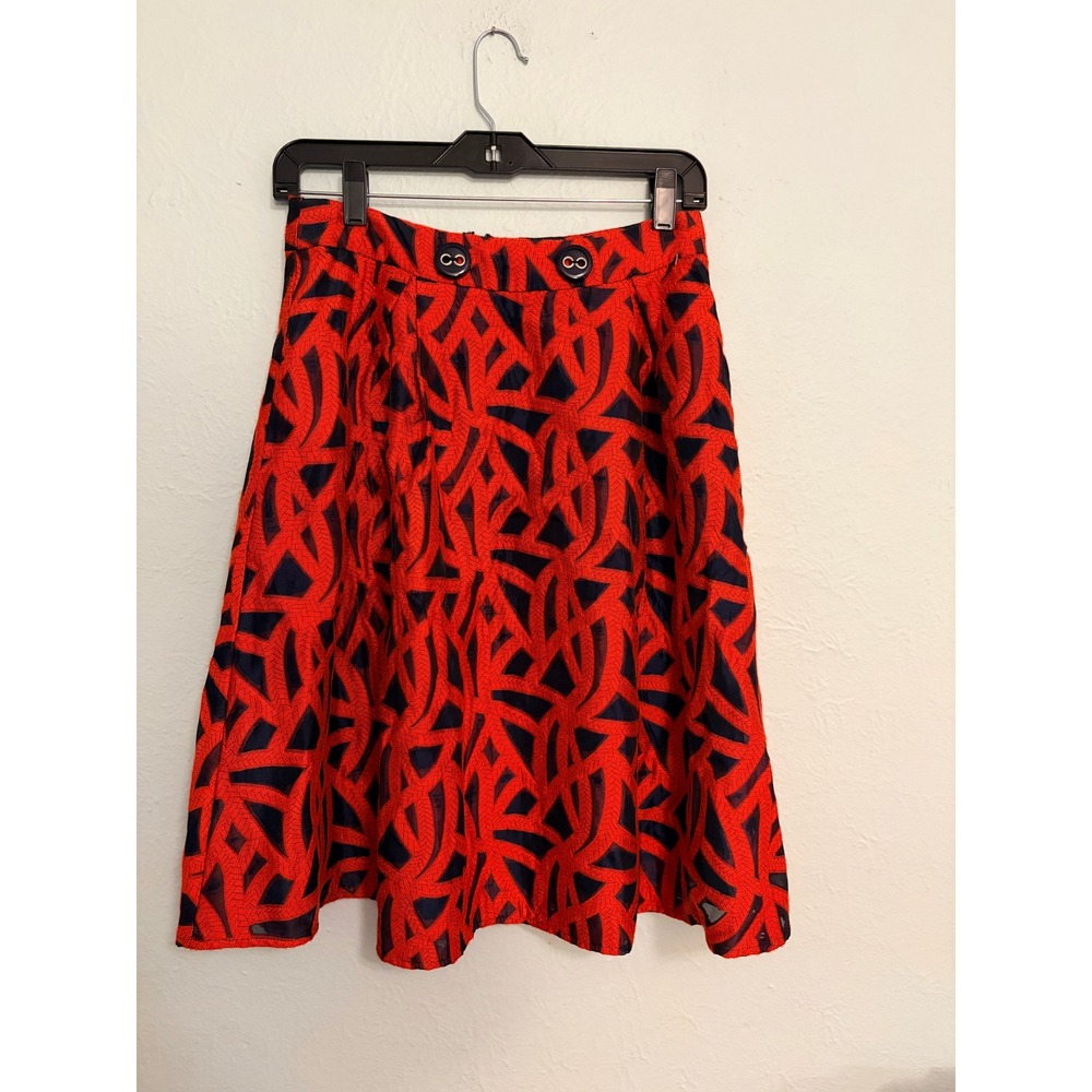 Eva Franco Anthropologie Red Navy A-Line Skirt Size 4 Retro Mod Career Chic Midi